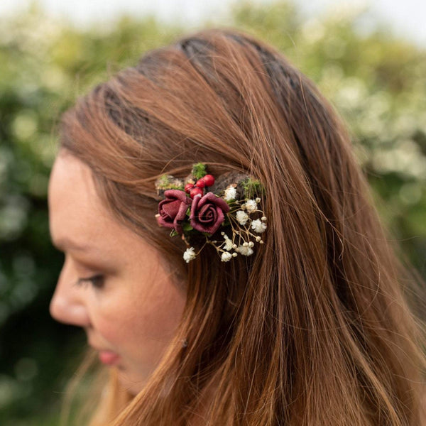 Wedding burgundy flower hair clip Bridal accessories Baby's breath clip Magaela accessories Wedding flower clip Red wine hair piece Handmade