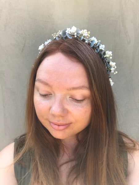 Greenery flower wreath with baby's breath flowers Flower half crown with eucalyptus Bridal hair wreath Wedding half wreath Magaela accessories