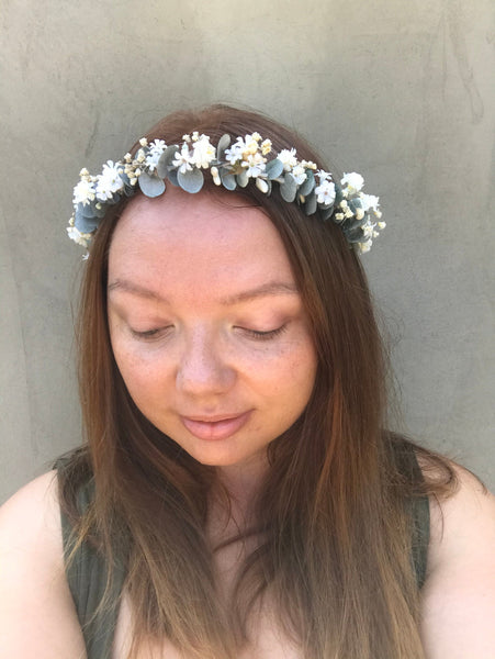 Greenery flower wreath with baby's breath flowers Flower half crown with eucalyptus Bridal hair wreath Wedding half wreath Magaela accessories