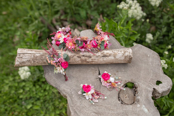 Raspberry flower half wreath Pink wedding flower crown Bridal accessories Magaela accessories hair crown for bride Fuchsia hair crown