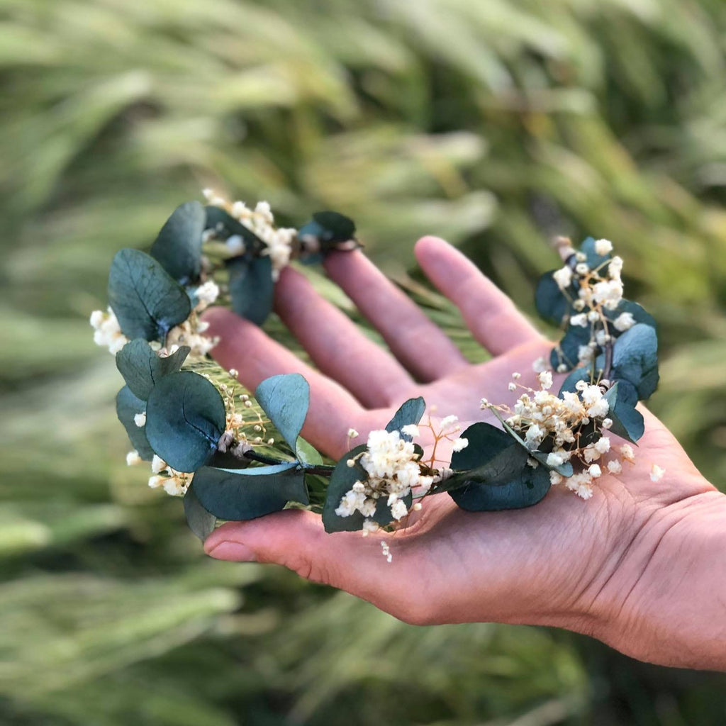 Greenery flower wreath with baby's breath Flower half crown with eucalyptus Bridal hair wreath Wedding half wreath Magaela accessories