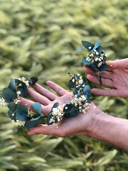 Greenery flower wreath with baby's breath Flower half crown with eucalyptus Bridal hair wreath Wedding half wreath Magaela accessories