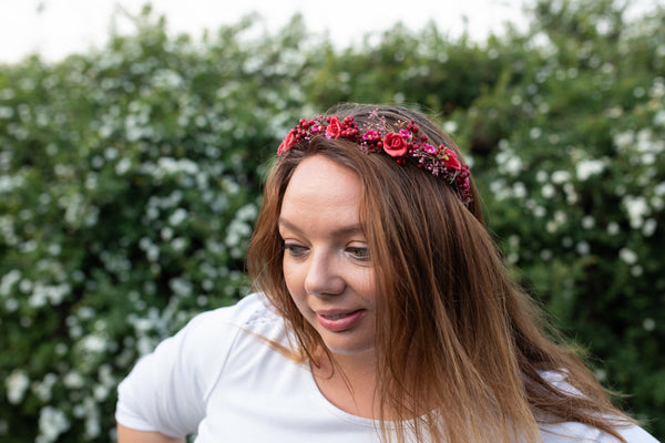 Red flower wreath with berries Wedding half wreath Bridal accessories Hair crown for bride Magaela accessories Bridal half wreath Headpiece