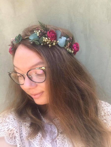 Eucalyptus flower wreath Burgundy roses hair crown Wedding flower wreath Baby's breath Magaela accessories Wedding hair crown Handmade