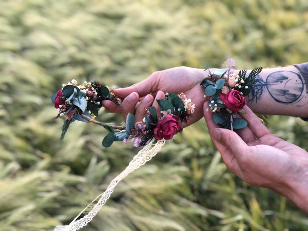 Eucalyptus flower wreath Burgundy roses hair crown Wedding flower wreath Baby's breath Magaela accessories Wedding hair crown Handmade