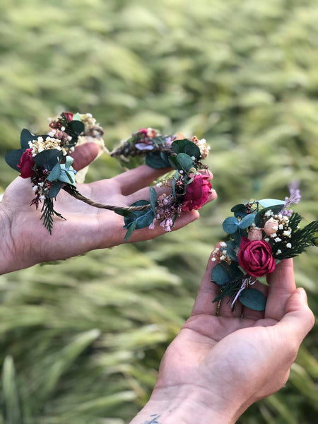 Eucalyptus flower wreath Burgundy roses hair crown Wedding flower wreath Baby's breath Magaela accessories Wedding hair crown Handmade