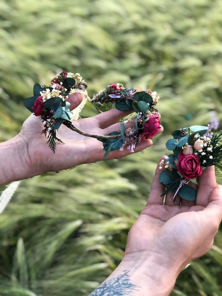 Eucalyptus flower wreath Burgundy roses hair crown Wedding flower wreath Baby's breath Magaela accessories Wedding hair crown Handmade