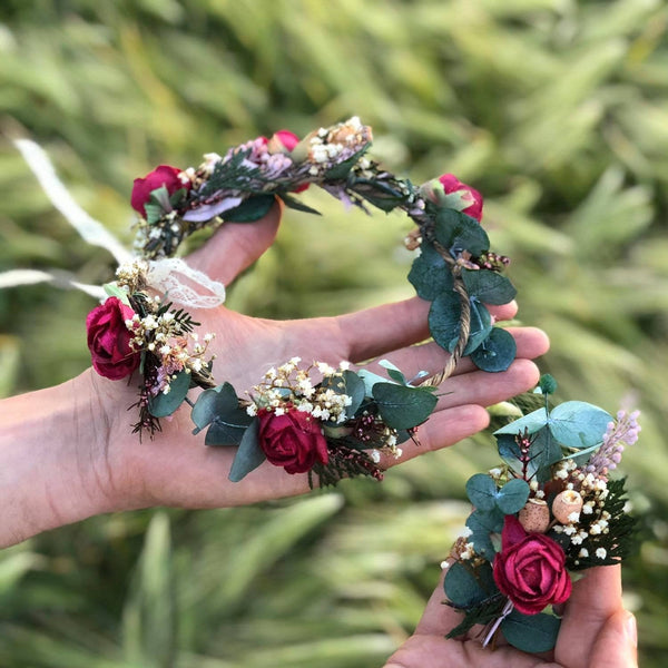 Eucalyptus flower wreath Burgundy roses hair crown Wedding flower wreath Baby's breath Magaela accessories Wedding hair crown Handmade