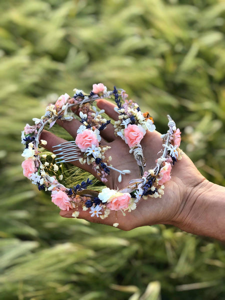 Romantic pink half wreath Wedding half wreath Bridal wreath Romantic style Bridal crown Magaela Bridal accessories Flowers Lavender