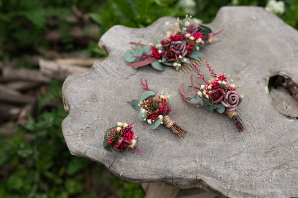 Wedding boutonniere Burgundy flower boutonniere Dusty heather purple boutonniere Wedding accessories Red wine wedding Bridal inspiration