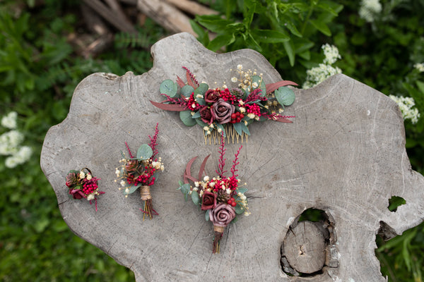 Wedding boutonniere Burgundy flower boutonniere Dusty heather purple boutonniere Wedding accessories Red wine wedding Bridal inspiration