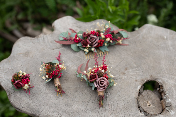 Wedding boutonniere Burgundy flower buttonhole Woodland corsage Bestman Wedding accessories Red wine wedding Bridal inspiration