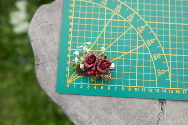 Wedding burgundy flower hair clip Bridal accessories Baby's breath clip Magaela accessories Wedding flower clip Red wine hair piece Handmade