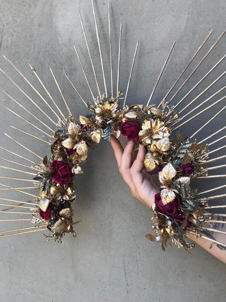 Gold halo headpiece crown Sun crown Headband Goddess Wedding accessories Bridal crown Photoshoot halo wreath Spike crown Beyonce Magaela