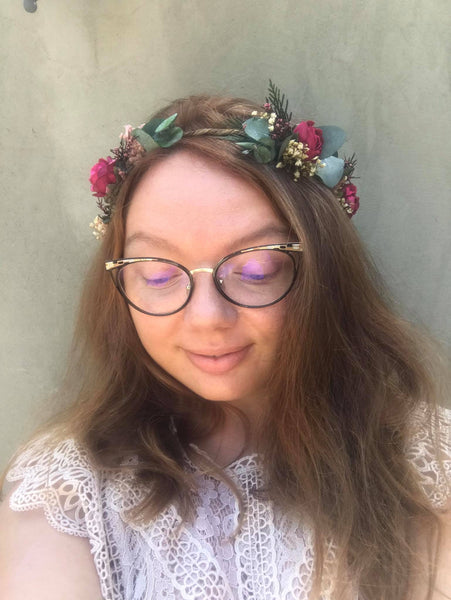Eucalyptus flower wreath Burgundy roses hair crown Wedding flower wreath Baby's breath Magaela accessories Wedding hair crown Handmade