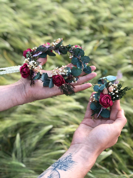 Eucalyptus flower wreath Burgundy roses hair crown Wedding flower wreath Baby's breath Magaela accessories Wedding hair crown Handmade