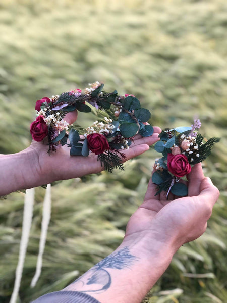 Eucalyptus flower wreath Burgundy roses hair crown Wedding flower wreath Baby's breath Magaela accessories Wedding hair crown Handmade