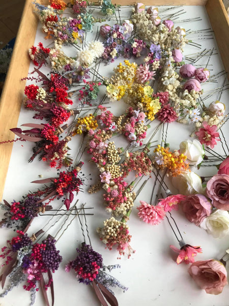 Red and purple flower hair pins
