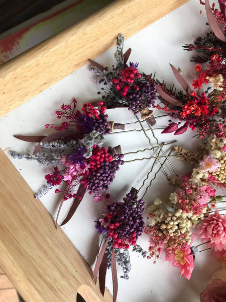 Red and purple flower hair pins