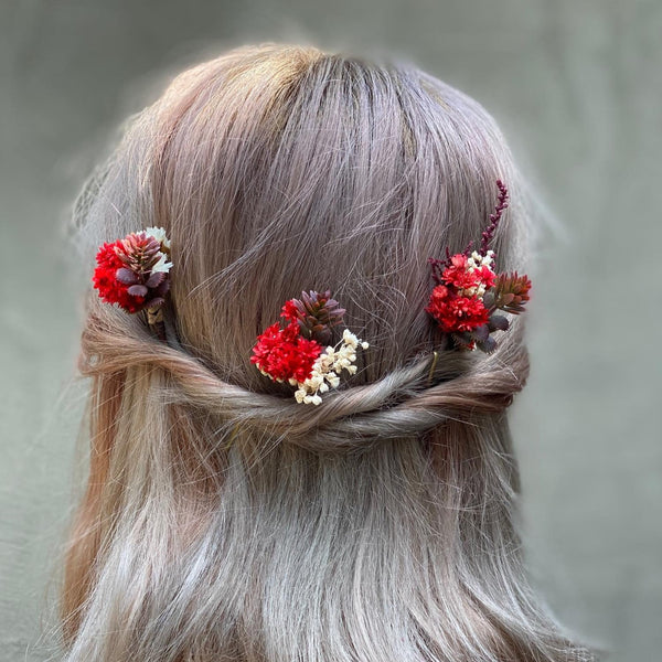 Red dried flower hair pin