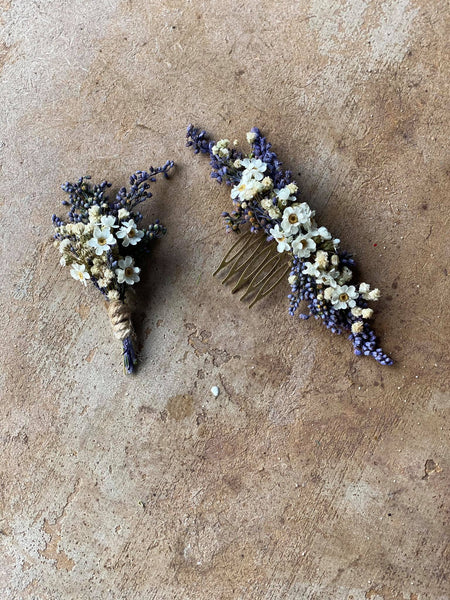 Natural lavender boutonniere Violet and white boutonniere Magaela Wedding accessories Hochzeit Bridal comb Groom accessories Baby's breath