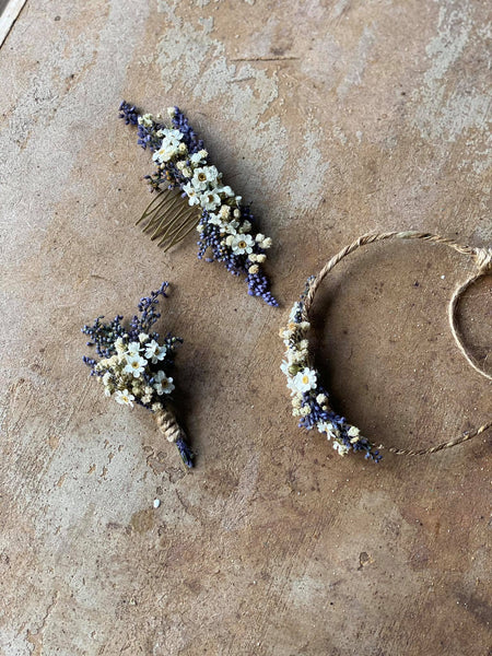 Natural lavender boutonniere Violet and white boutonniere Magaela Wedding accessories Hochzeit Bridal comb Groom accessories Baby's breath