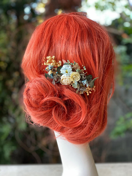 Blue and ivory wedding hair comb with baby's breath Hair accessories Bridal comb Magaela accessories Fashion Handmade product Hair flowers