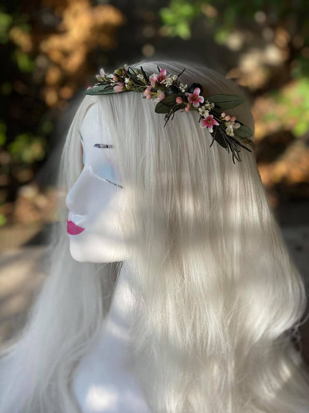 Natural romantic crown Flower hair wreath Rosemary Olive leaves flower wreath Blumen haarkrone Haarkranz Bridal flower crown Pink and Green