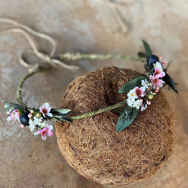 Natural romantic crown Flower hair wreath Rosemary Olive leaves flower wreath Blumen haarkrone Haarkranz Bridal flower crown Pink and Green