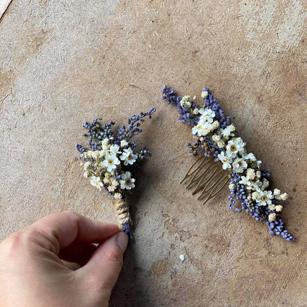 Natural lavender boutonniere Violet and white boutonniere Magaela Wedding accessories Hochzeit Bridal comb Groom accessories Baby's breath