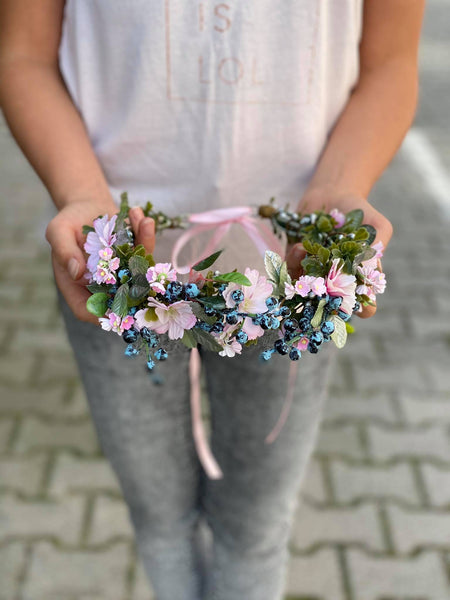 Romantic hair wreath in pink and blue colours Pink hair wreath Flower hair crown Wedding flower crown Bridal hair wreath Bridal vine Magaela