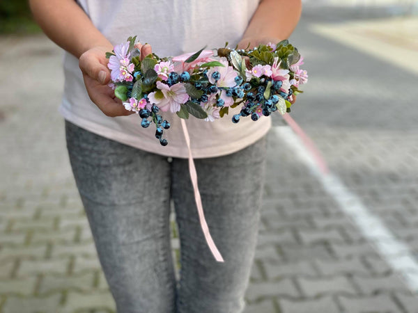 Romantic hair wreath in pink and blue colours Pink hair wreath Flower hair crown Wedding flower crown Bridal hair wreath Bridal vine Magaela