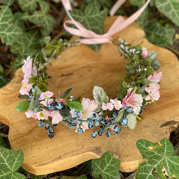 Romantic hair wreath in pink and blue colours Pink hair wreath Flower hair crown Wedding flower crown Bridal hair wreath Bridal vine Magaela