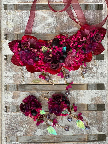 Romantic magenta burgundy necklace Wedding floral necklace with beads Wedding accessories Magaela accessories Handmade Flower fuchsia necklace