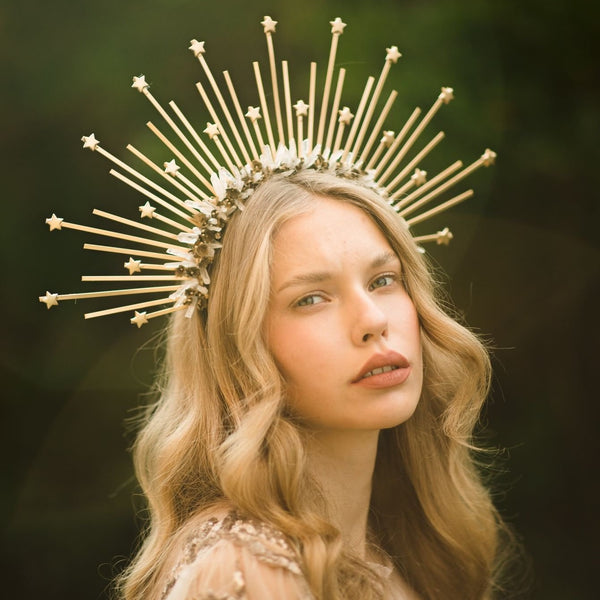 Golden halo crown Sun crown Stars Headband Goddess Wedding Bridal halo crown Photoshoot hair wreath Spike glamour crown Beyonce Magaela