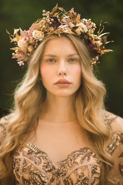Golden boho wedding hair crown  Flower wedding wreath Bridal hair crown Wedding accessories Magaela hair crown Handmade flower crown