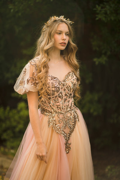 Golden floral wedding half crown Golden bridal hair vine Bridal wreath Wedding tiara Bridal hair piece Wedding accessory Magaela Handmade