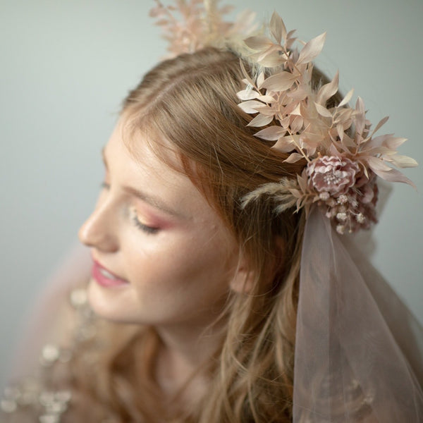 Vintage flower half wreath Greek goddess  Flower crown Pampas grass crown Flower accessories Magaela accessories Wedding ruscus crown