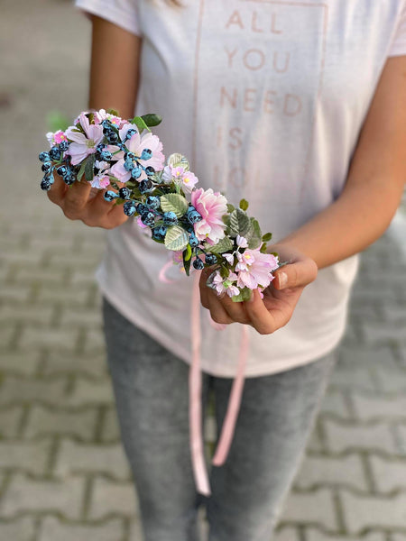 Romantic hair wreath in pink and blue colours Pink hair wreath Flower hair crown Wedding flower crown Bridal hair wreath Bridal vine Magaela
