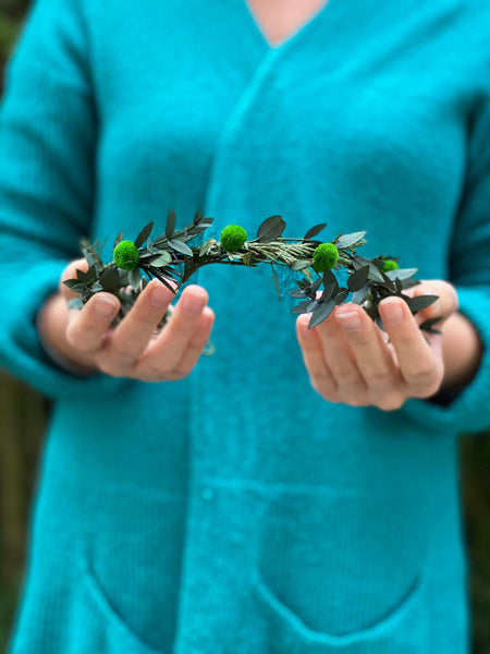 Greenery flower half wreath Bridal accessories Forest wedding vine Pine needles crown Half wreath for bride Woodland photoshoot Magaela