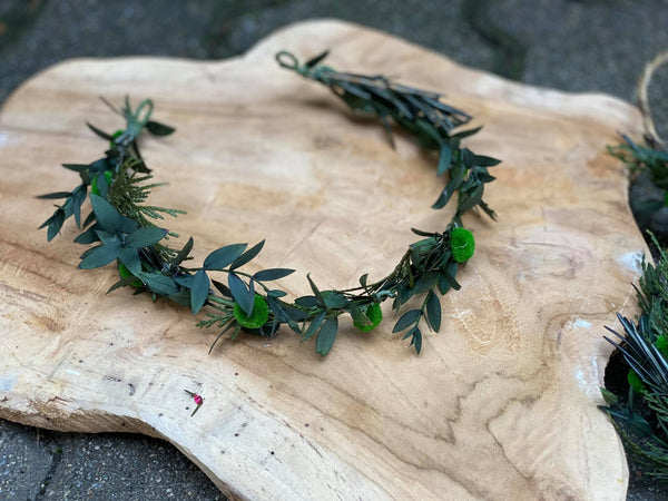 Greenery flower half wreath Bridal accessories Forest wedding vine Pine needles crown Half wreath for bride Woodland photoshoot Magaela