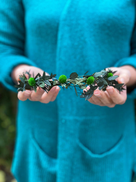 Greenery flower half wreath Bridal accessories Forest wedding vine Pine needles crown Half wreath for bride Woodland photoshoot Magaela