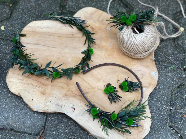 Greenery flower half wreath Bridal accessories Forest wedding vine Pine needles crown Half wreath for bride Woodland photoshoot Magaela