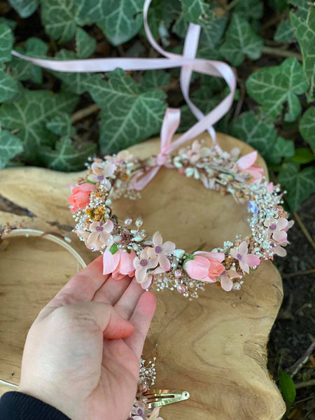 Newborn pink hair wreath Flower crown for daughter 1st birtday crown Romantic blush wreath Handmade flower crown Magaela Wedding Children