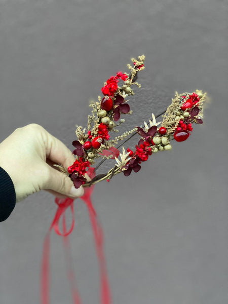 Christmas mom and daughter hair crown Red flower hair wreaths Winter photoshoot Mummy and daughter photoshoot Xmas present Magaela handmade