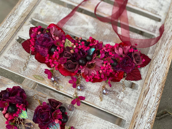 Romantic magenta burgundy necklace Wedding floral necklace with beads Wedding accessories Magaela accessories Handmade Flower fuchsia necklace