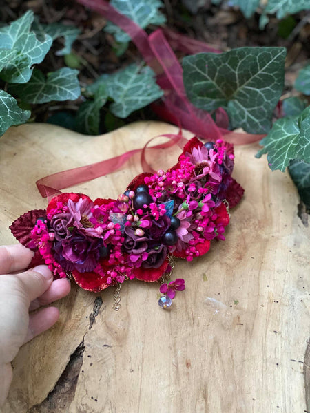 Romantic magenta burgundy necklace Wedding floral necklace with beads Wedding accessories Magaela accessories Handmade Flower fuchsia necklace