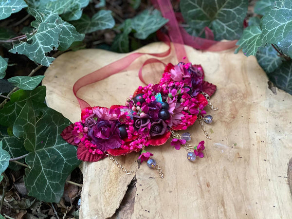 Romantic magenta burgundy necklace Wedding floral necklace with beads Wedding accessories Magaela accessories Handmade Flower fuchsia necklace