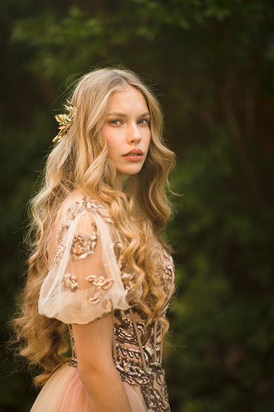 Golden floral wedding half crown Golden bridal hair vine Bridal wreath Wedding tiara Bridal hair piece Wedding accessory Magaela Handmade