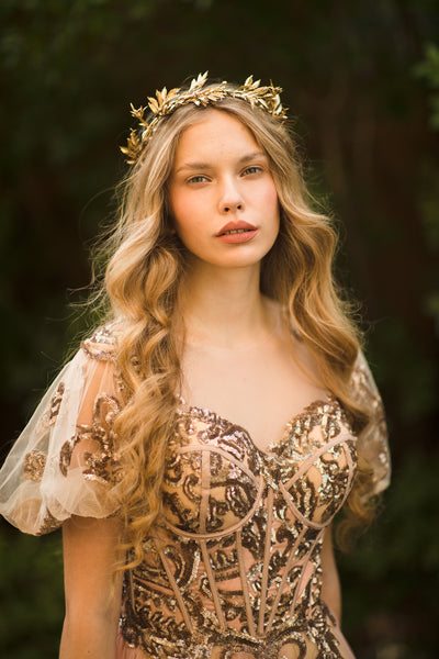 Golden floral wedding half crown Golden bridal hair vine Bridal wreath Wedding tiara Bridal hair piece Wedding accessory Magaela Handmade